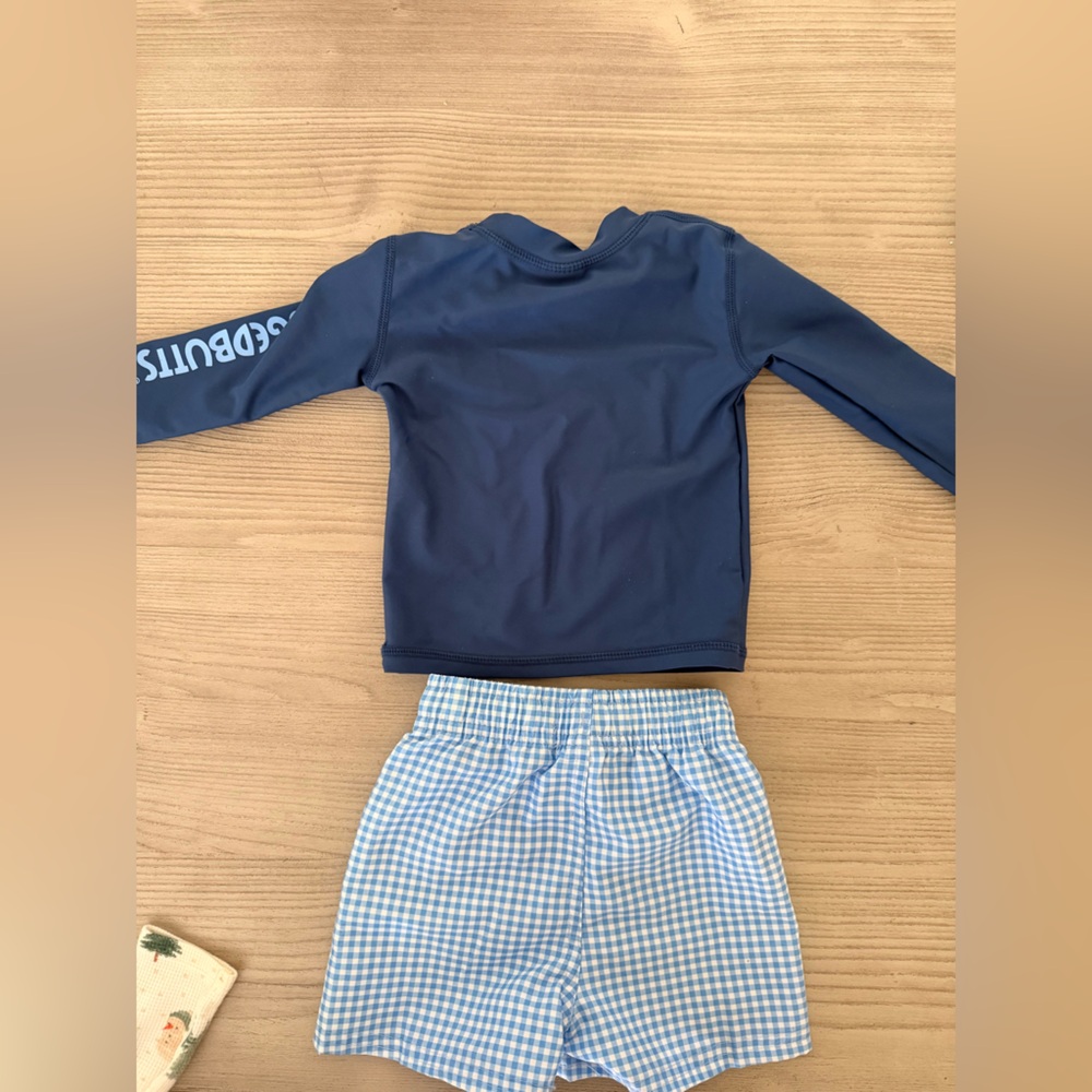 RuggedButts Navy Rash Guard and Blue Checkered Shorts - Picture 3 of 5
